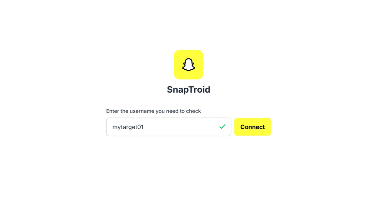 The main dashboard of the OnlyTraced app, showing options to track location, view chats, and access snaps for a target Snapchat account.